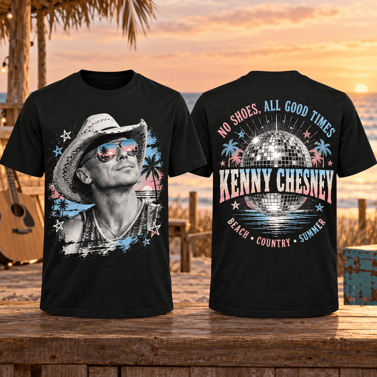 Kenny Chesney Beach Portrait Disco Ball 3D Shirt For Country Fans Chasing Summer Nights NDN Flat Shirt Mockup