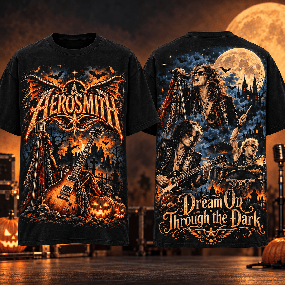Aerosmith Orange Moon Guitar 3D Shirt For Rock Fans Taking The Stage After Dark NDN Flat Shirt Mockup