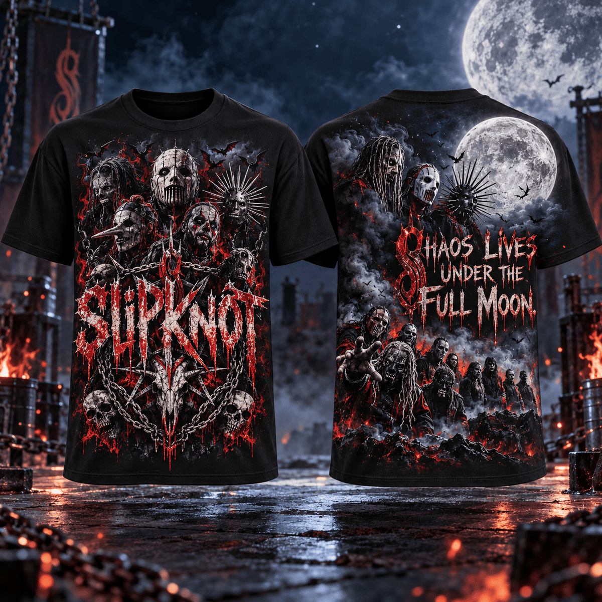 Slipknot Red Moon Masked Portrait 3D Shirt For Metal Fans Drawn To The Dark NDN Flat Shirt Mockup