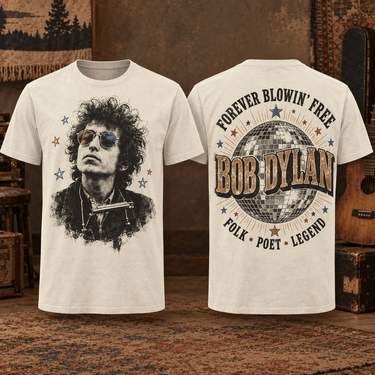 Bob Dylan Cream Portrait Disco Ball 3D Shirt For Folk Fans Forever Following The Song NDN Flat Shirt Mockup