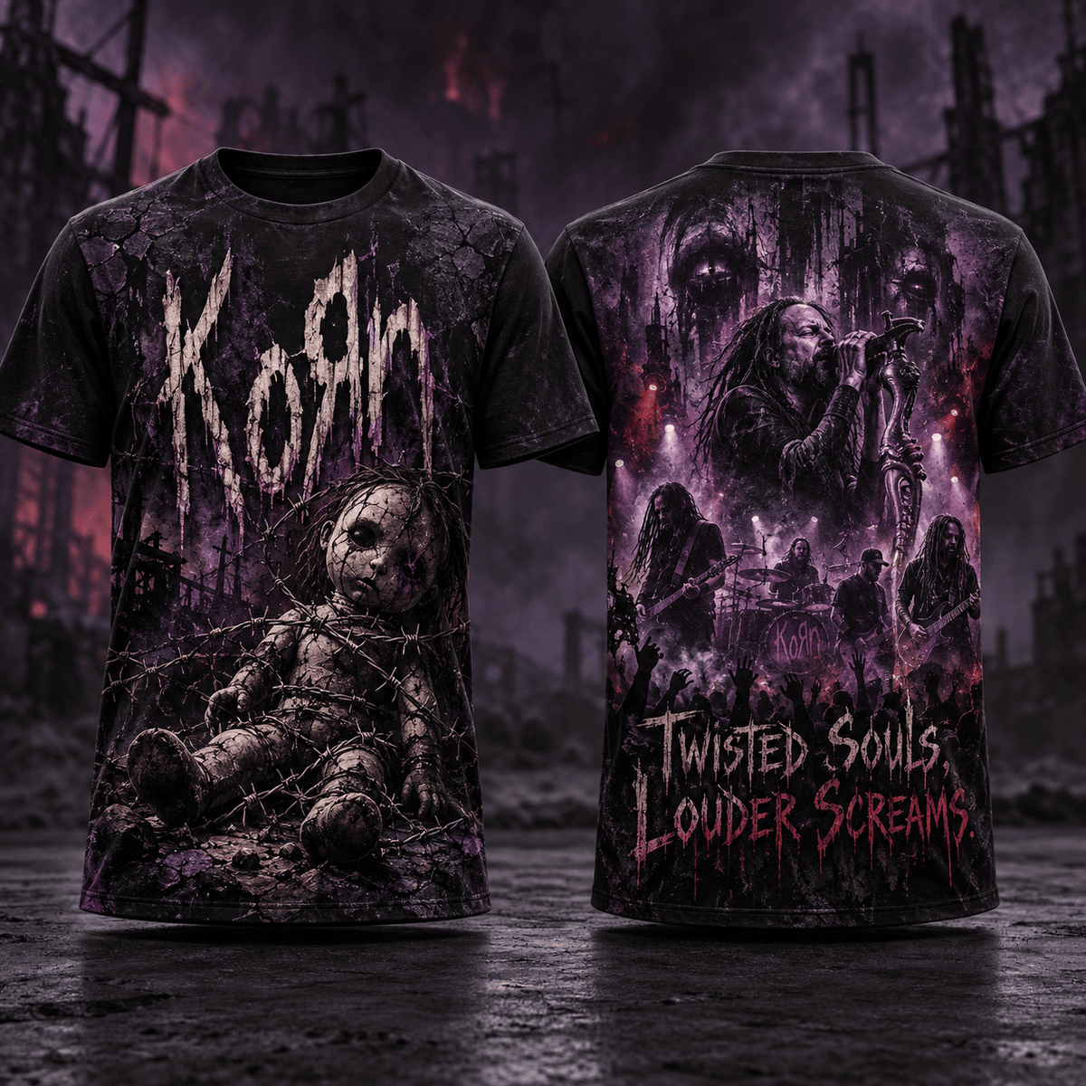 Korn Distressed Logo Doll And Purple Portrait 3D Shirt For Fans Of Twisted Sounds NDN Flat Shirt Mockup