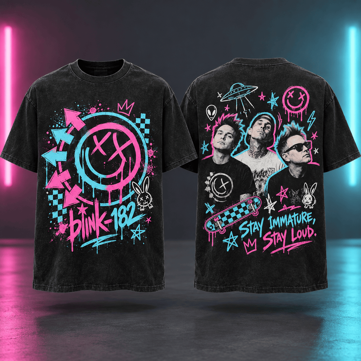 Blink 182 Neon Smiley And Band Portrait 3D Shirt For Fans Staying Immature And Loud NDN Flat Shirt Mockup