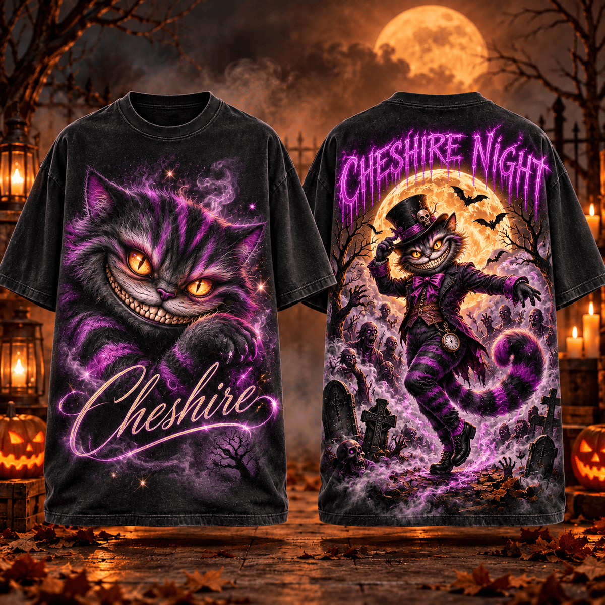 Cheshire Cat Purple Grin And Moonlit Graveyard 3D Shirt For Fans Of Curious Halloween Nights NDN Flat Shirt Mockup