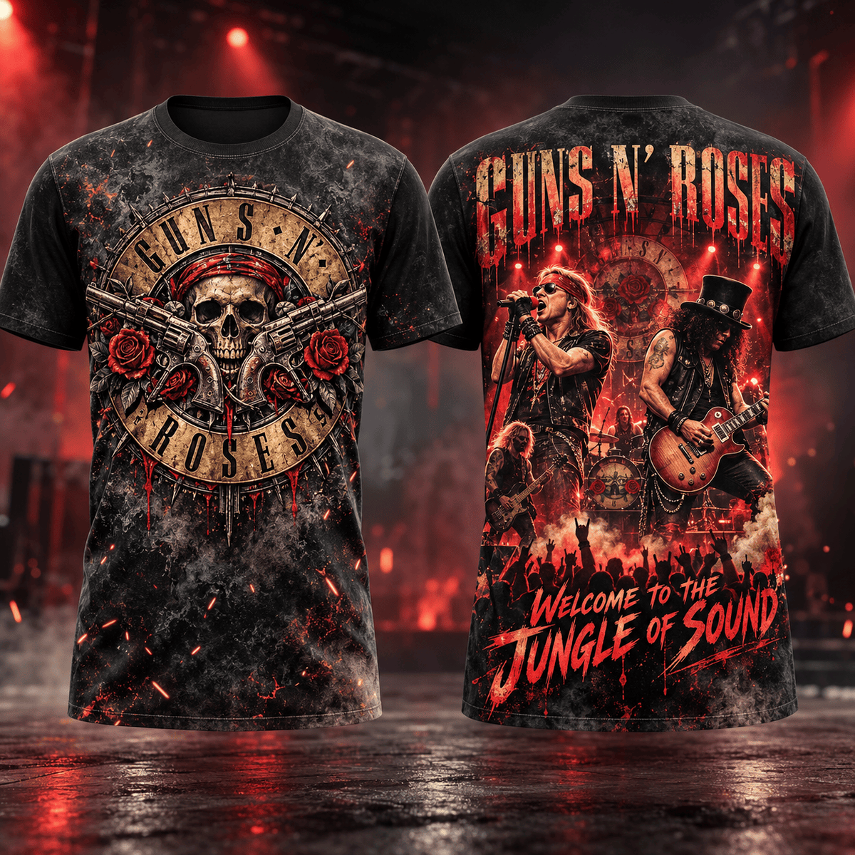 Guns N Roses Skull And Stage Portrait 3D Shirt For Fans Welcoming The Jungle NDN Flat Shirt Mockup