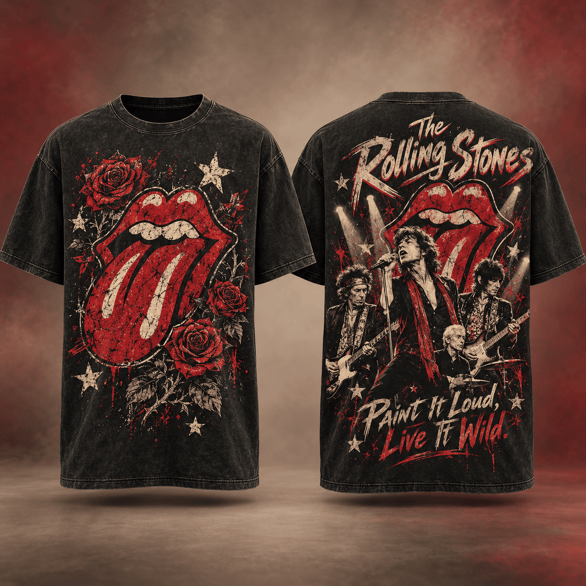 Rolling Stones Tongue Logo And Red Roses 3D Shirt For Fans Living Loud And Wild NDN Flat Shirt Mockup