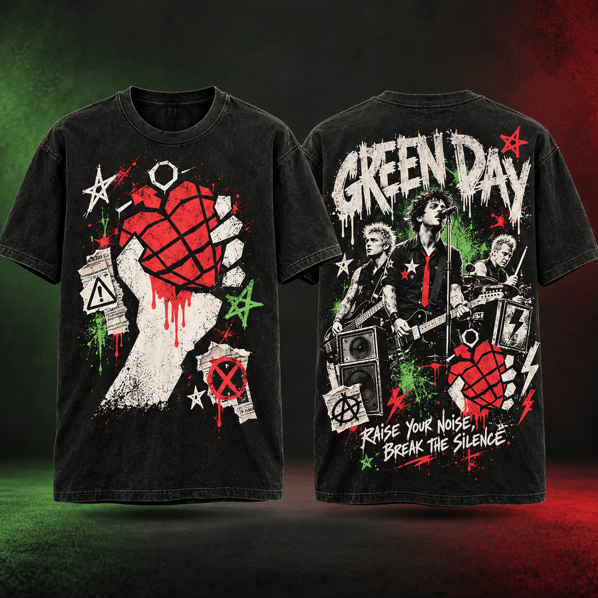 Green Day Heart Grenade And Band Portrait 3D Shirt For Fans Breaking The Silence NDN Flat Shirt Mockup