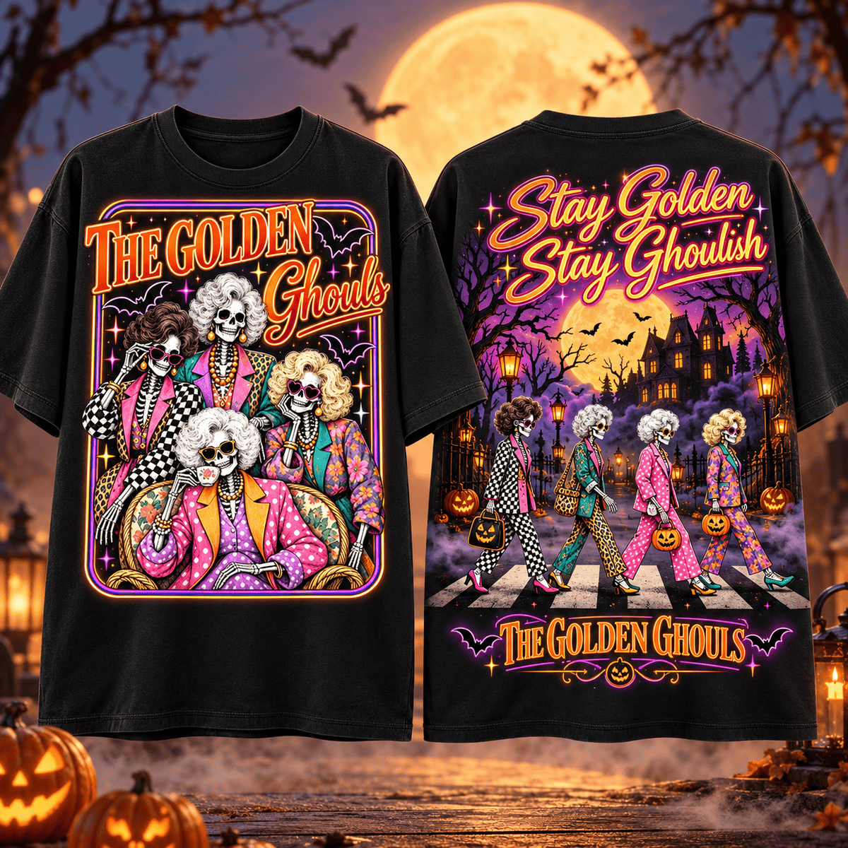 Golden Ghouls Skeleton Friends And Haunted Street 3D Shirt For Fans Staying Golden This Halloween NDN Flat Shirt Mockup