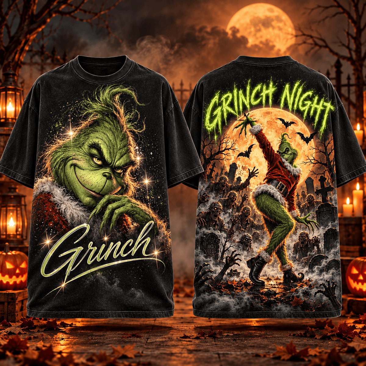 Grinch Green Portrait And Moonlit Graveyard 3D Shirt For Fans Of Mischievous Halloween Nights NDN Flat Shirt Mockup