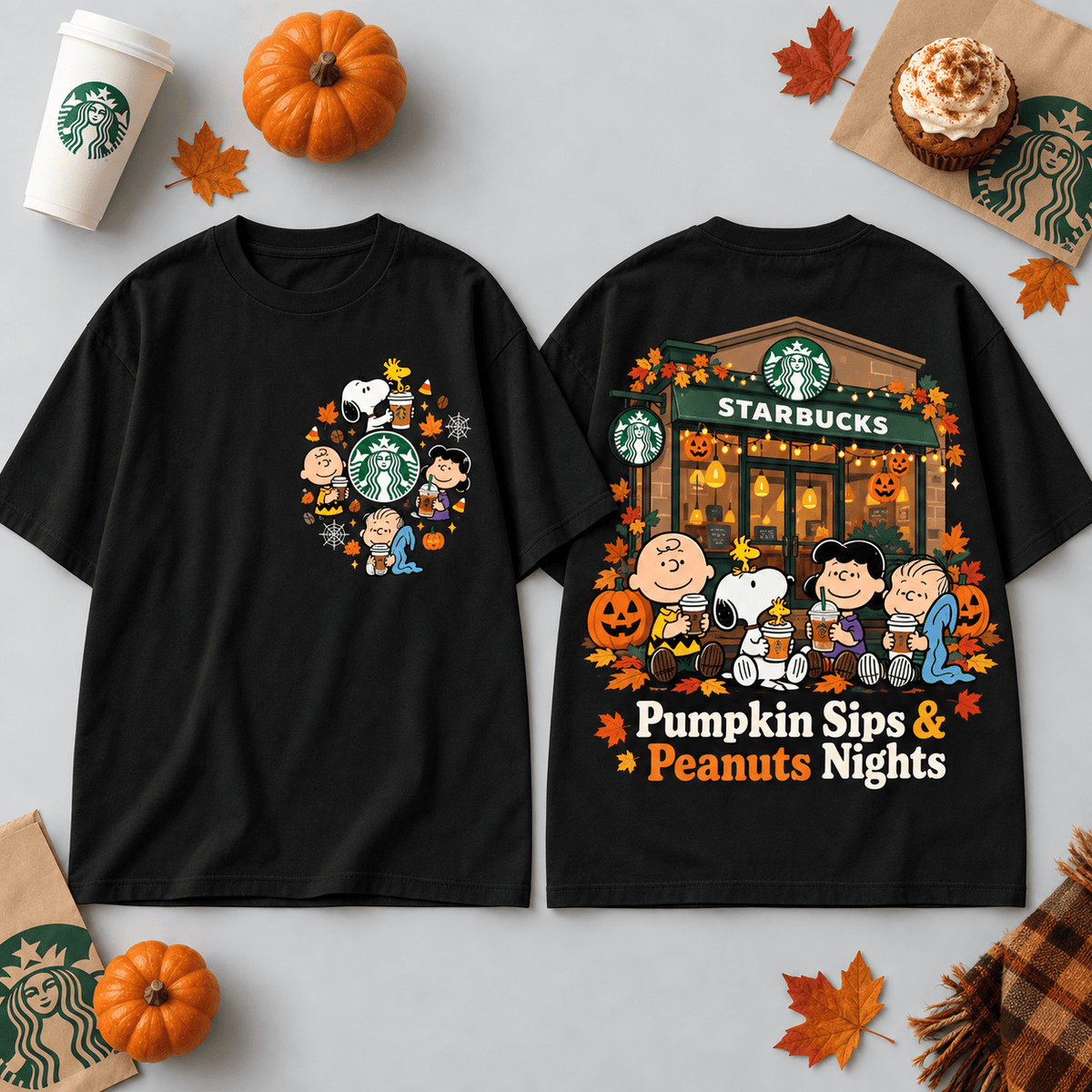 Starbucks Peanuts Pumpkin Cafe T-Shirt For Cozy Coffee Fans Enjoying Autumn Nights NDN Flat Shirt Mockup