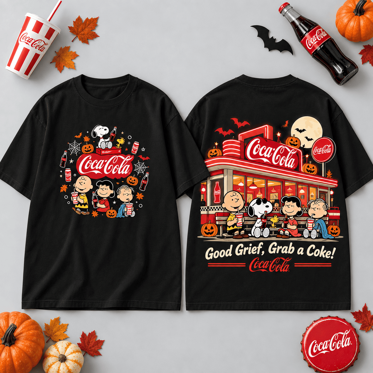 Coca Cola Peanuts Moonlit Diner T-Shirt For Soda Fans Celebrating A Playful Halloween NDN Flat Shirt Mockup