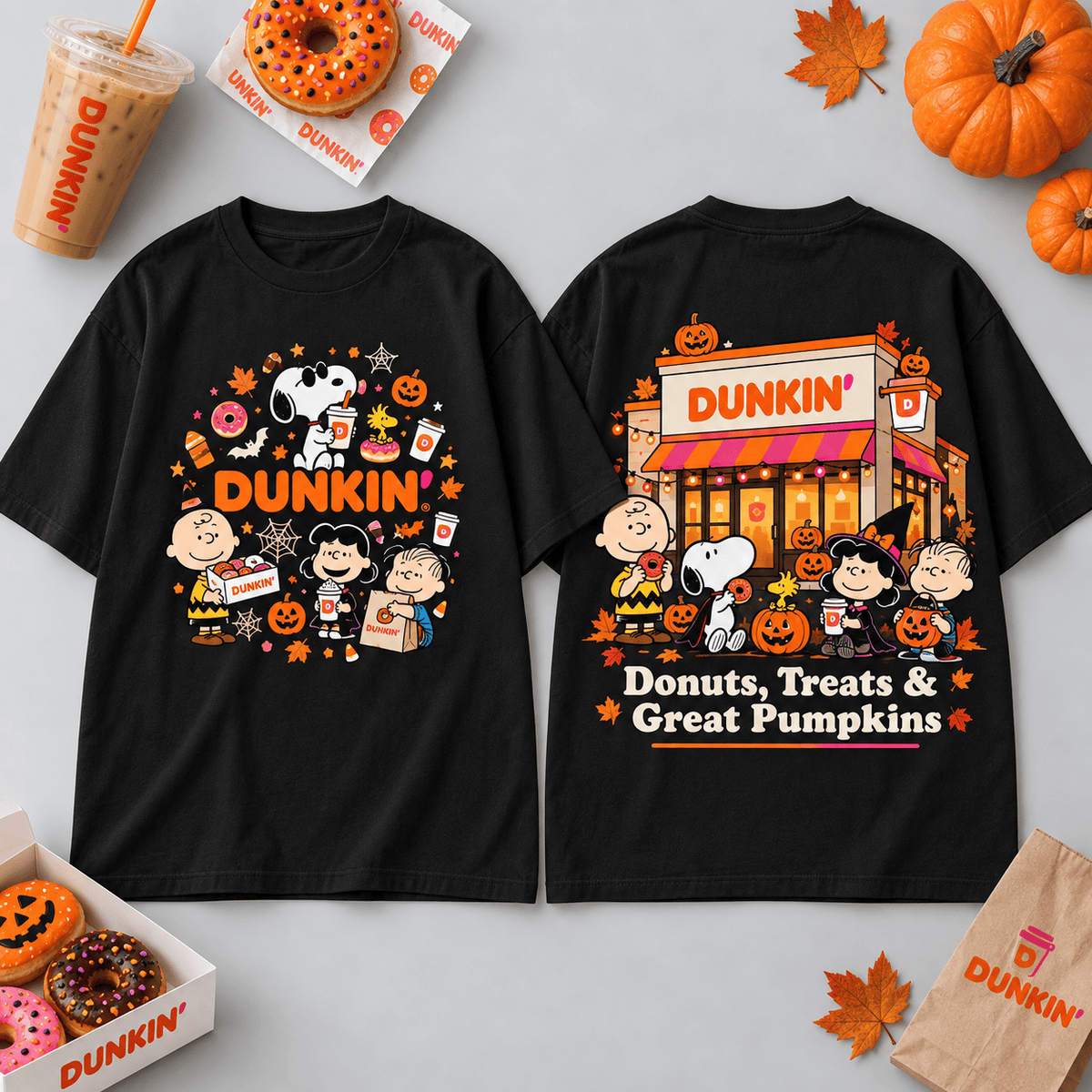 Dunkin Peanuts Donuts And Pumpkins T-Shirt For Coffee Fans Welcoming The Autumn Season NDN Flat Shirt Mockup