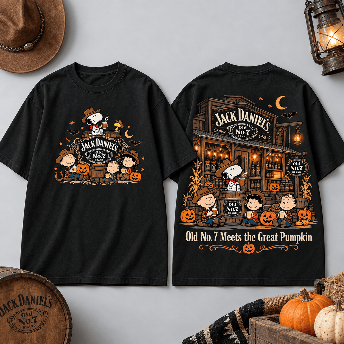 Jack Daniels Peanuts Old No Seven T-Shirt For Fans Of Pumpkin Filled Autumn Evenings NDN Flat Shirt Mockup