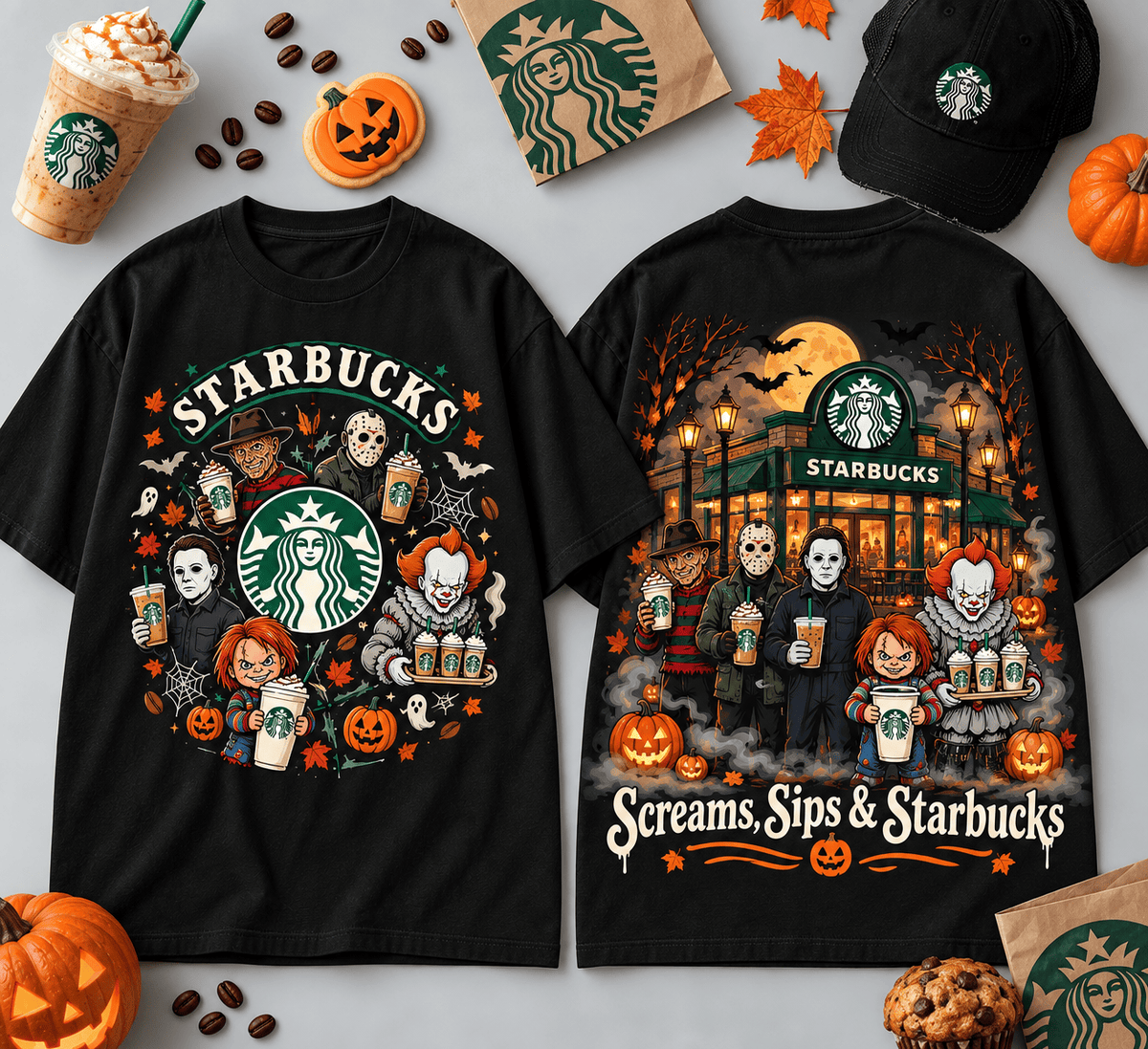 Starbucks Horror Characters Moonlit Cafe T-Shirt For Coffee Fans Craving Spooky Autumn Nights NDN Flat Shirt Mockup