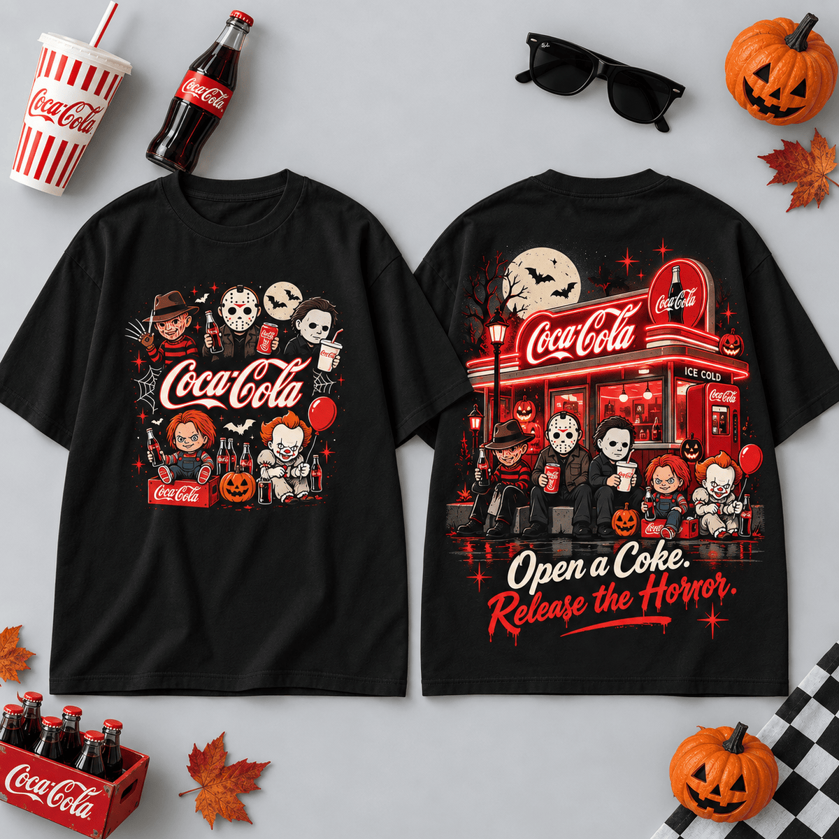 Coca Cola Horror Characters Red Diner T-Shirt For Fans Releasing Their Halloween Spirit NDN Flat Shirt Mockup
