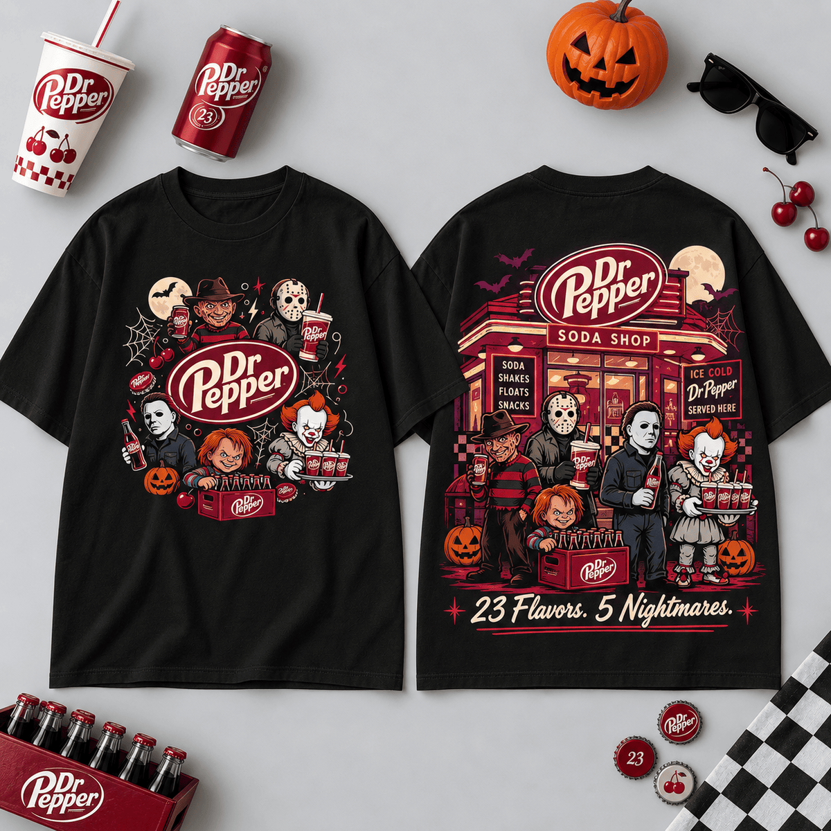 Dr Pepper Horror Characters Soda Shop T-Shirt For Fans Sipping Through Spooky Movie Nights NDN Flat Shirt Mockup