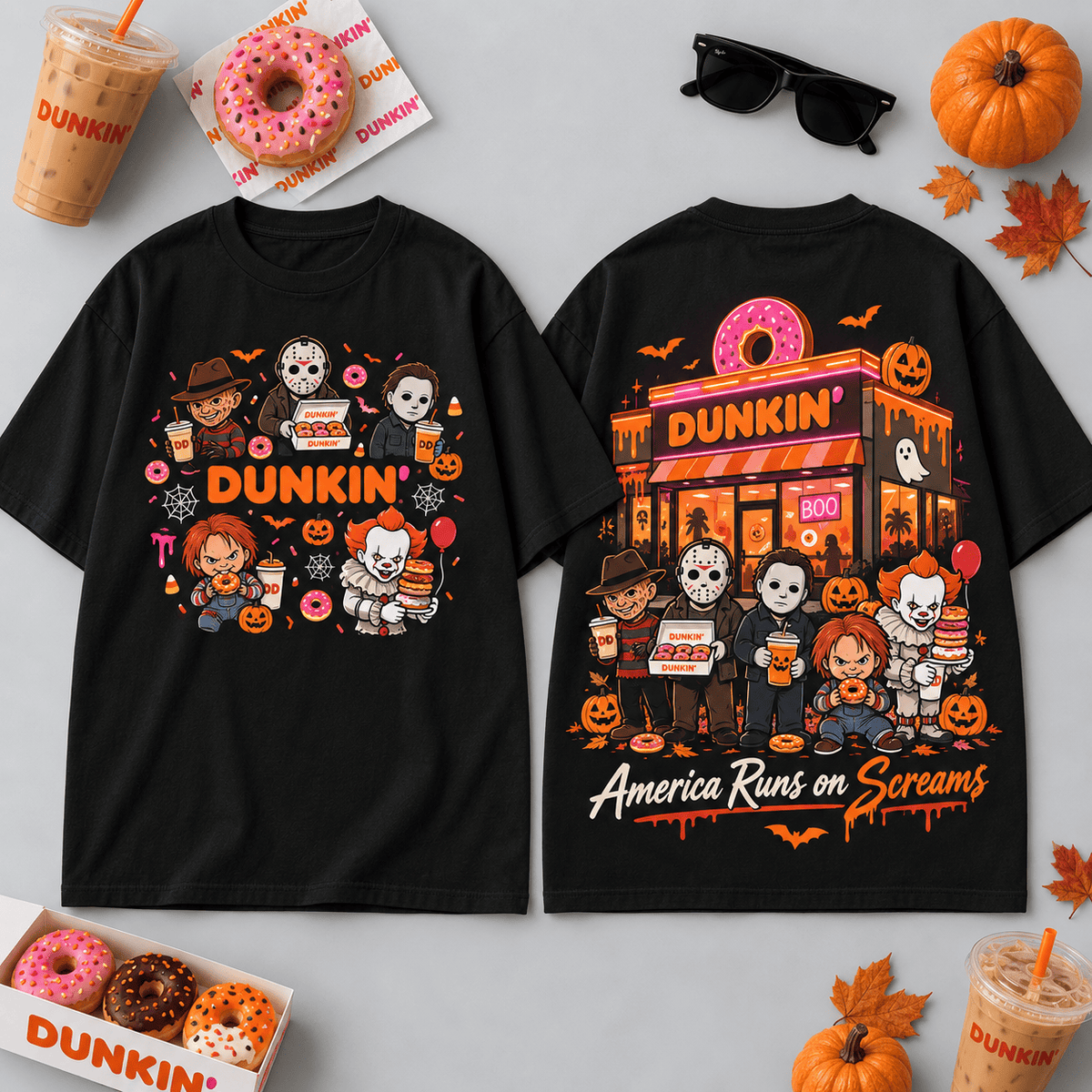 Dunkin Horror Characters Pumpkin Donut Shop T-Shirt For Coffee Fans Running On Halloween Screams NDN Flat Shirt Mockup