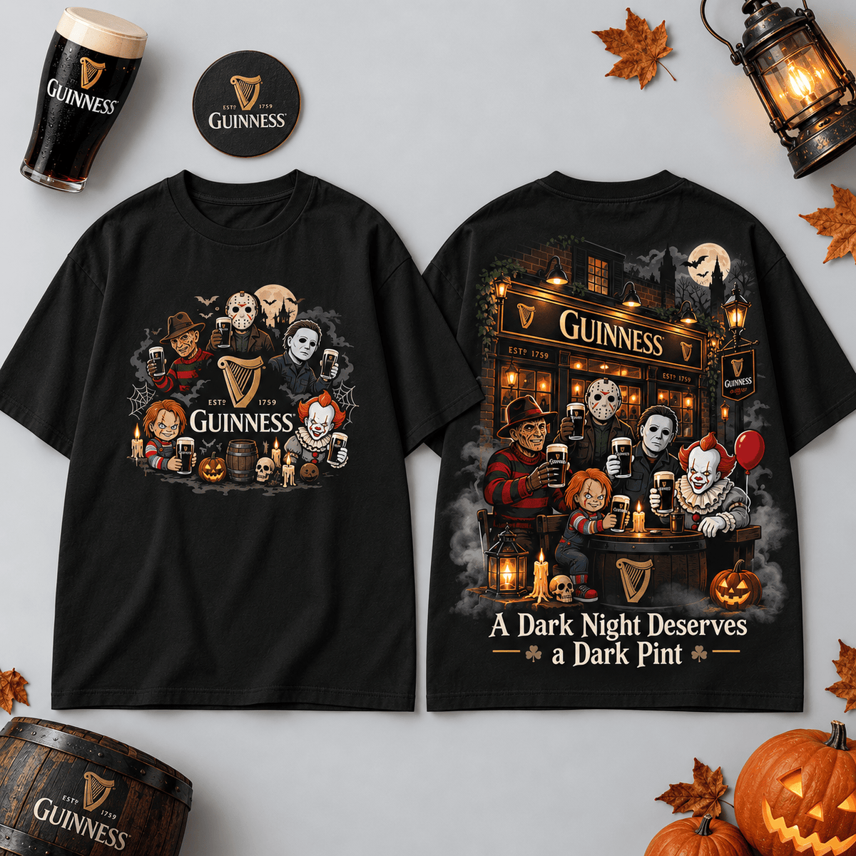 Guinness Horror Characters Moonlit Pub T-Shirt For Fans Raising A Dark Halloween Pint NDN Flat Shirt Mockup