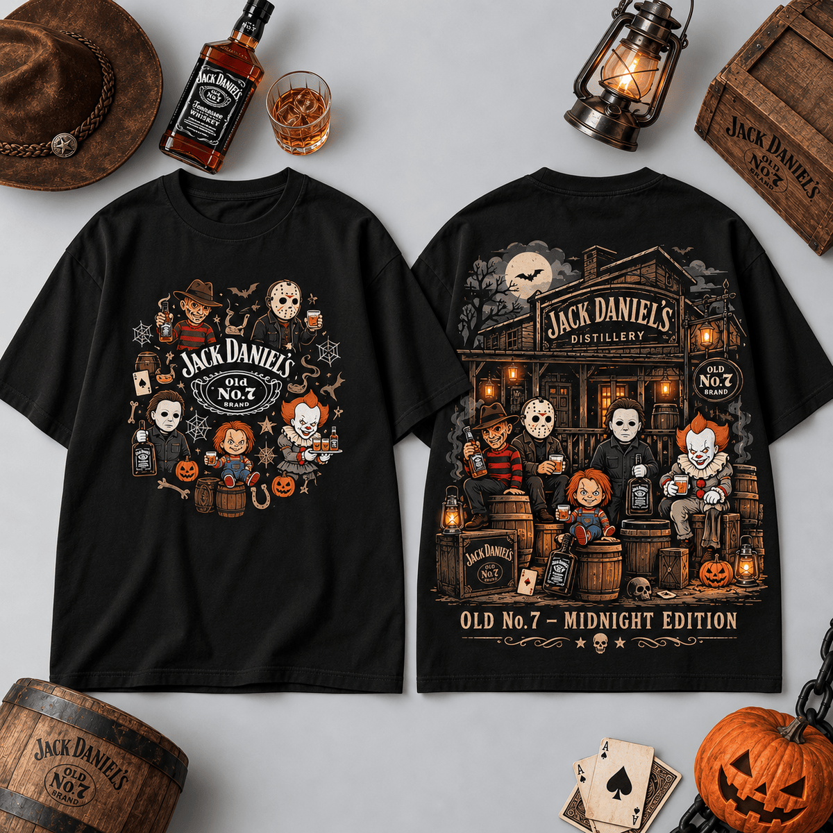 Jack Daniels Horror Characters Midnight Saloon T-Shirt For Fans Toasting A Spooky Autumn Night NDN Flat Shirt Mockup