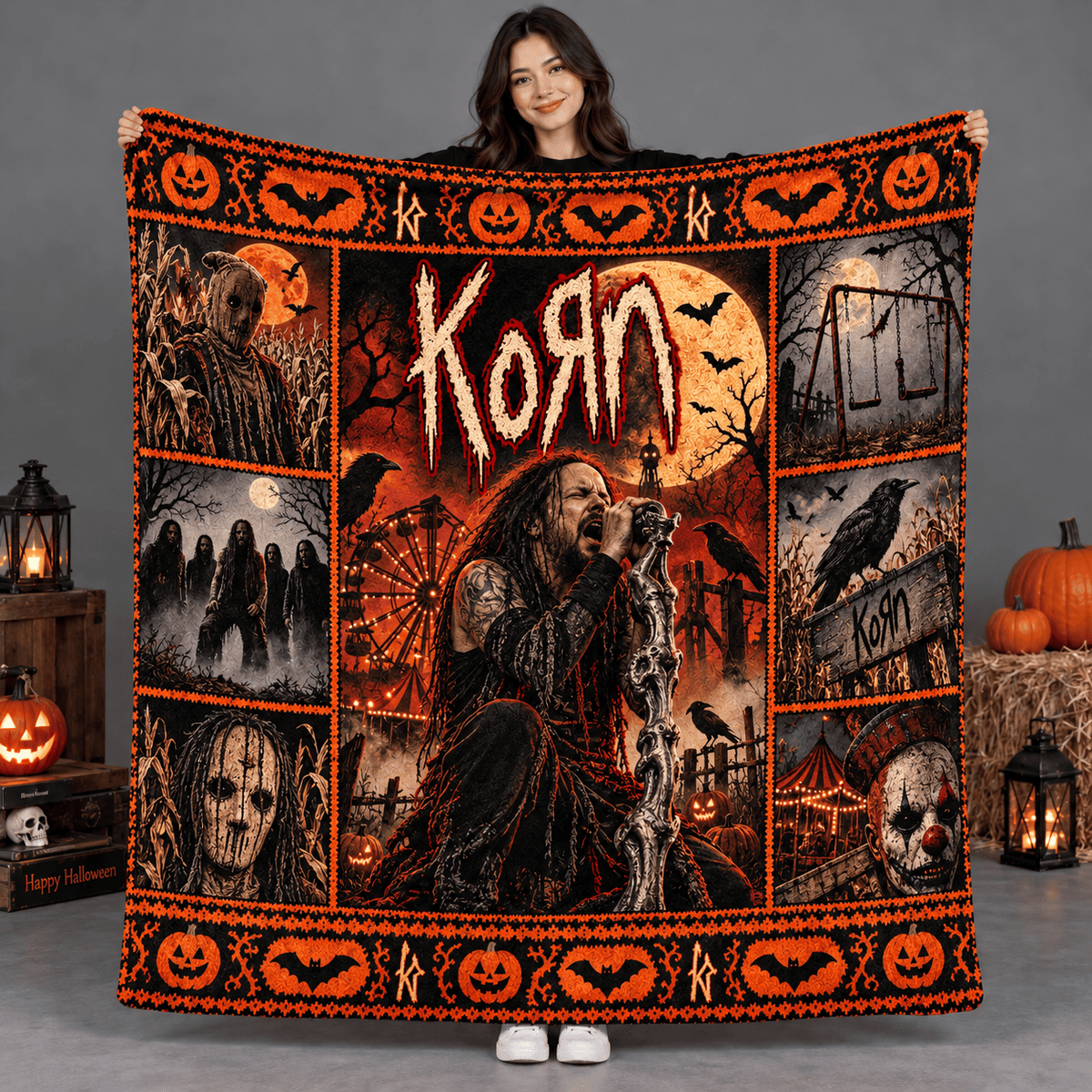 Korn Orange Scarecrow And Red Black Figure Fleece Blanket For Heavy Halloween Nights NDN Person Holding Blanket
