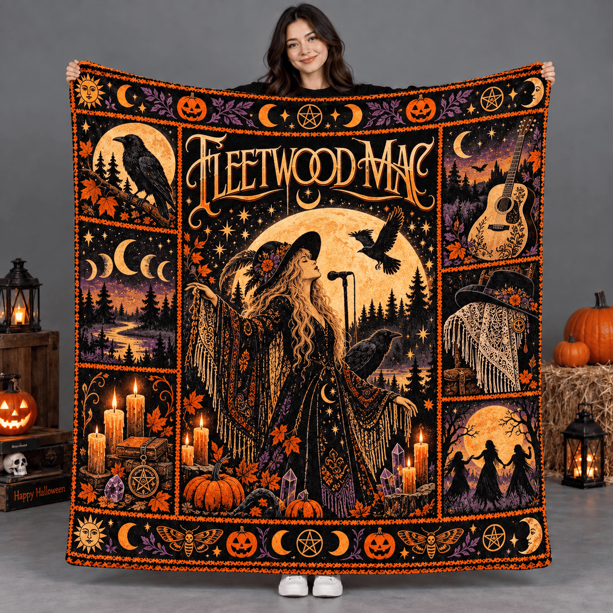 Fleetwood Mac Gold Woman Moon And Birds Fleece Blanket For Mystical Autumn Nights NDN Person Holding Blanket