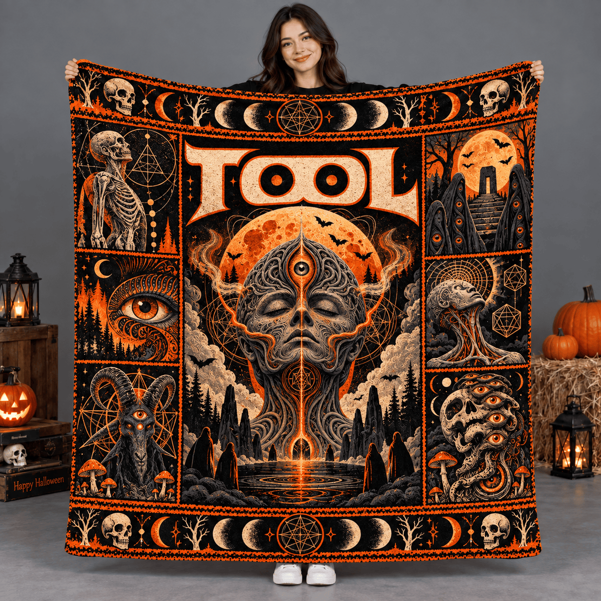Tool Orange Third Eye Head And Moon Fleece Blanket For Fans Feeling The Frequency NDN Person Holding Blanket