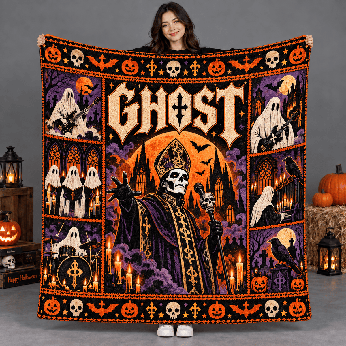 Ghost Purple Mitre And Orange Robed Skull Fleece Blanket For Ritual Movie Nights NDN Person Holding Blanket