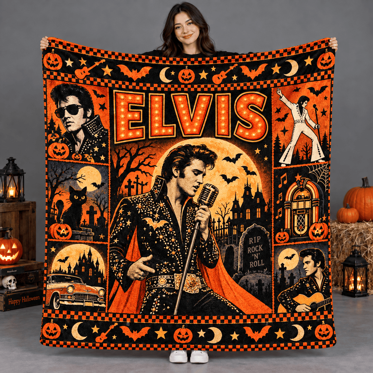 Elvis Orange Gold Guitar And Microphone Fleece Blanket For Fans Of Moonlit Shows NDN Person Holding Blanket