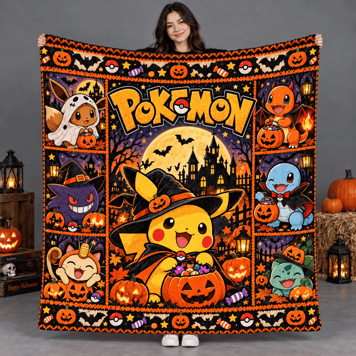 Pokemon Yellow Pikachu Witch Hat And Pumpkin Fleece Blanket For Spooky Halloween Nights NDN Person Holding Blanket