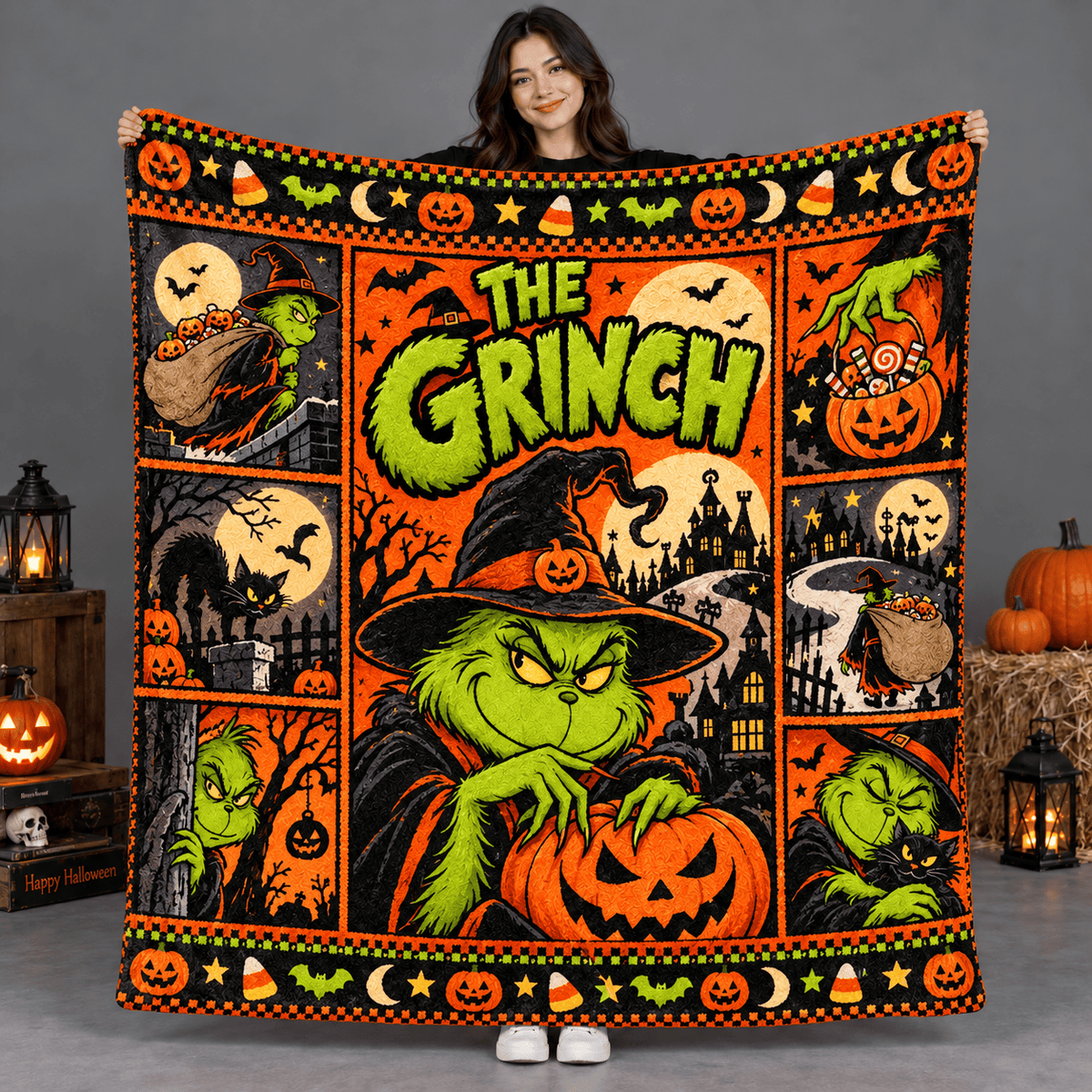 Grinch Green Face And Orange Pumpkin Hat Fleece Blanket For Mischievous Halloween Nights NDN Person Holding Blanket