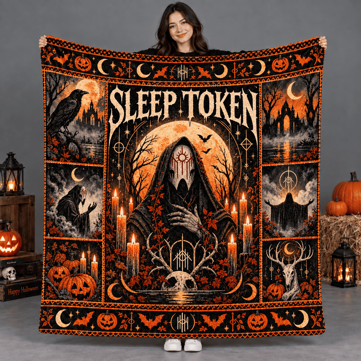 Sleep Token Orange Hooded Figure And Moon Fleece Blanket For Quiet Ritual Nights NDN Person Holding Blanket