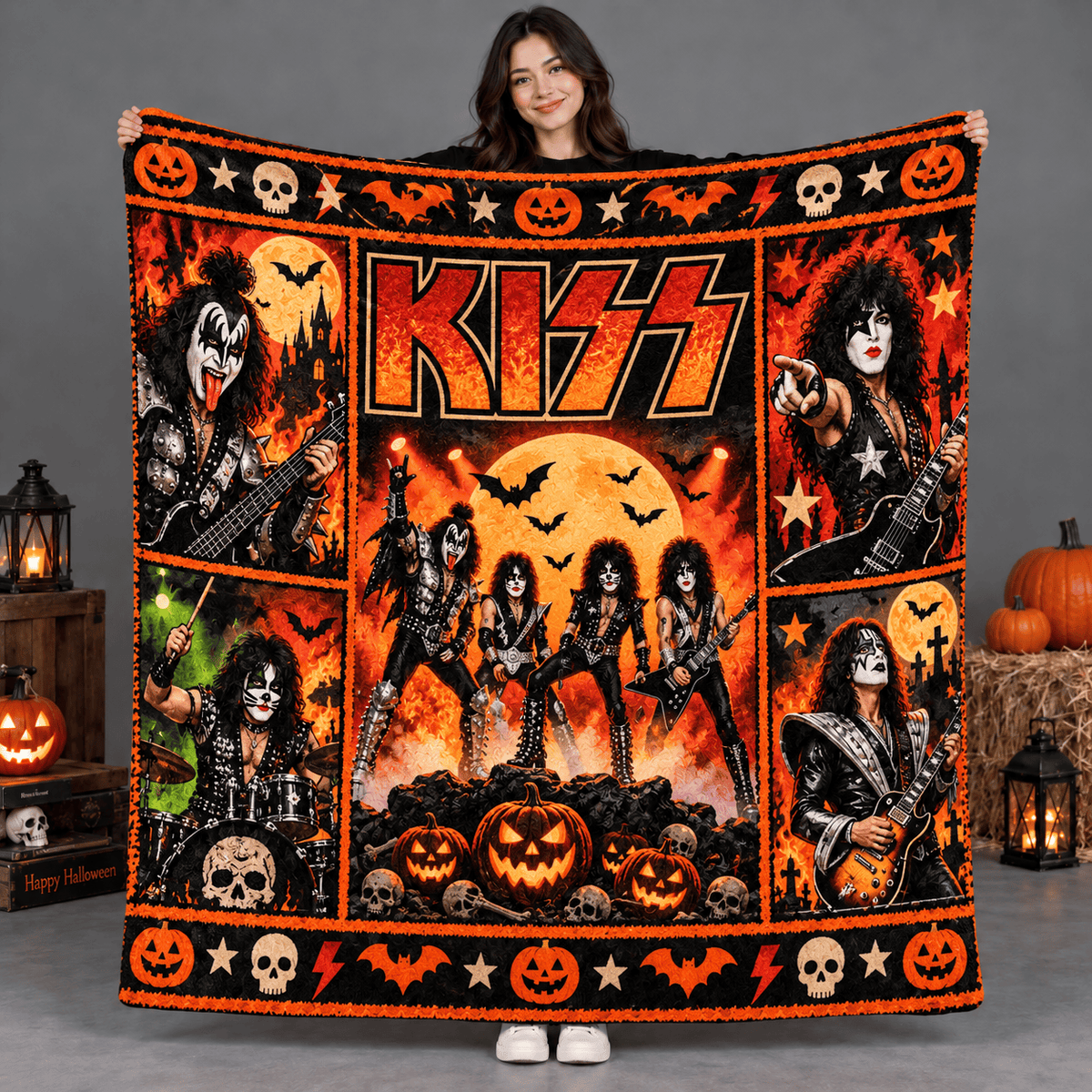 Kiss Red Orange Band Figures And Pumpkins Fleece Blanket For Halloween Rock Nights NDN Person Holding Blanket