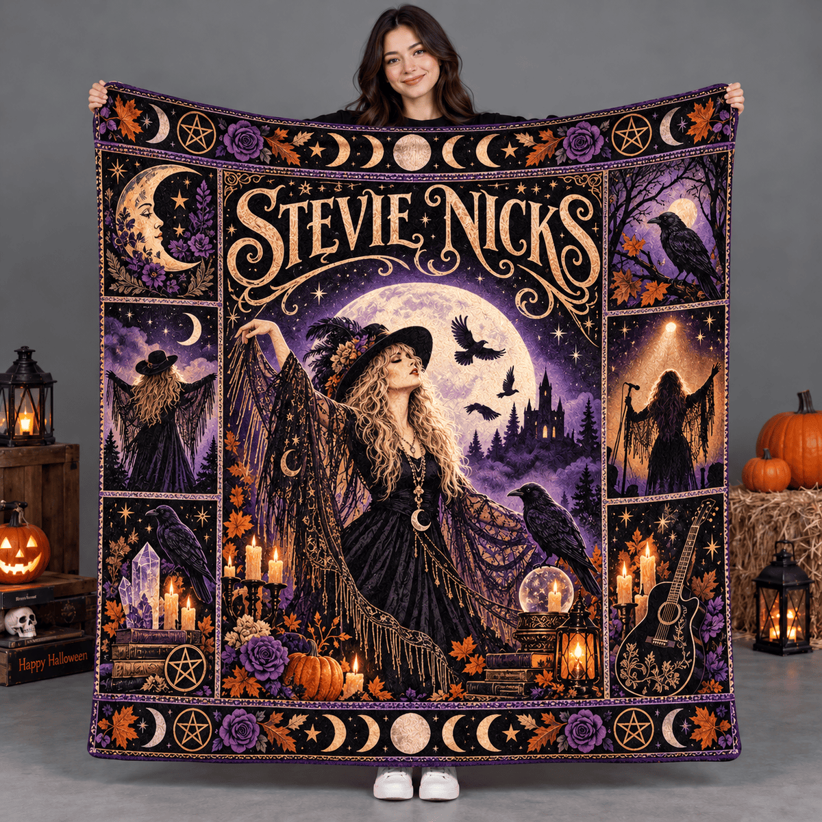 Stevie Nicks Purple Gold Witch Moon And Birds Fleece Blanket For Gypsy Queen Nights NDN Person Holding Blanket
