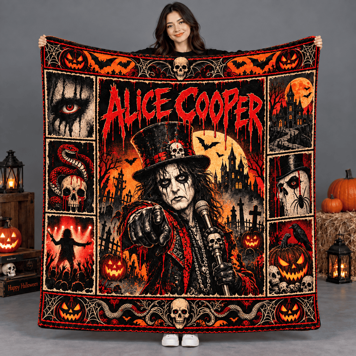 Alice Cooper Red Top Hat And Skull Portrait Fleece Blanket For Shock Rock Nights NDN Person Holding Blanket