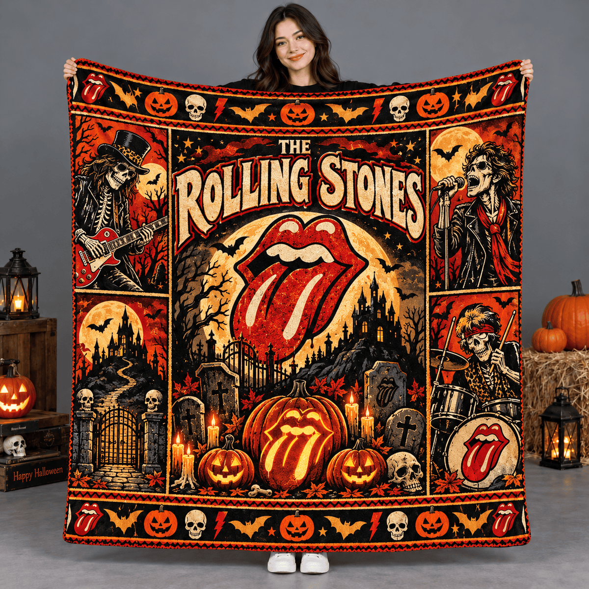 Rolling Stones Orange Tongue Logo And Moon City Fleece Blanket For Classic Rock Nights NDN Person Holding Blanket