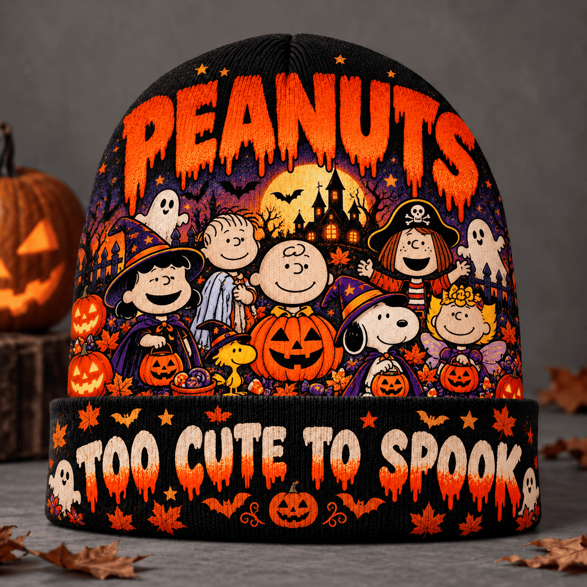Peanuts Snoopy Woodstock Pumpkin Graphic Print Knit Beanie for Cute Halloween Nights NDN Flat Mockup