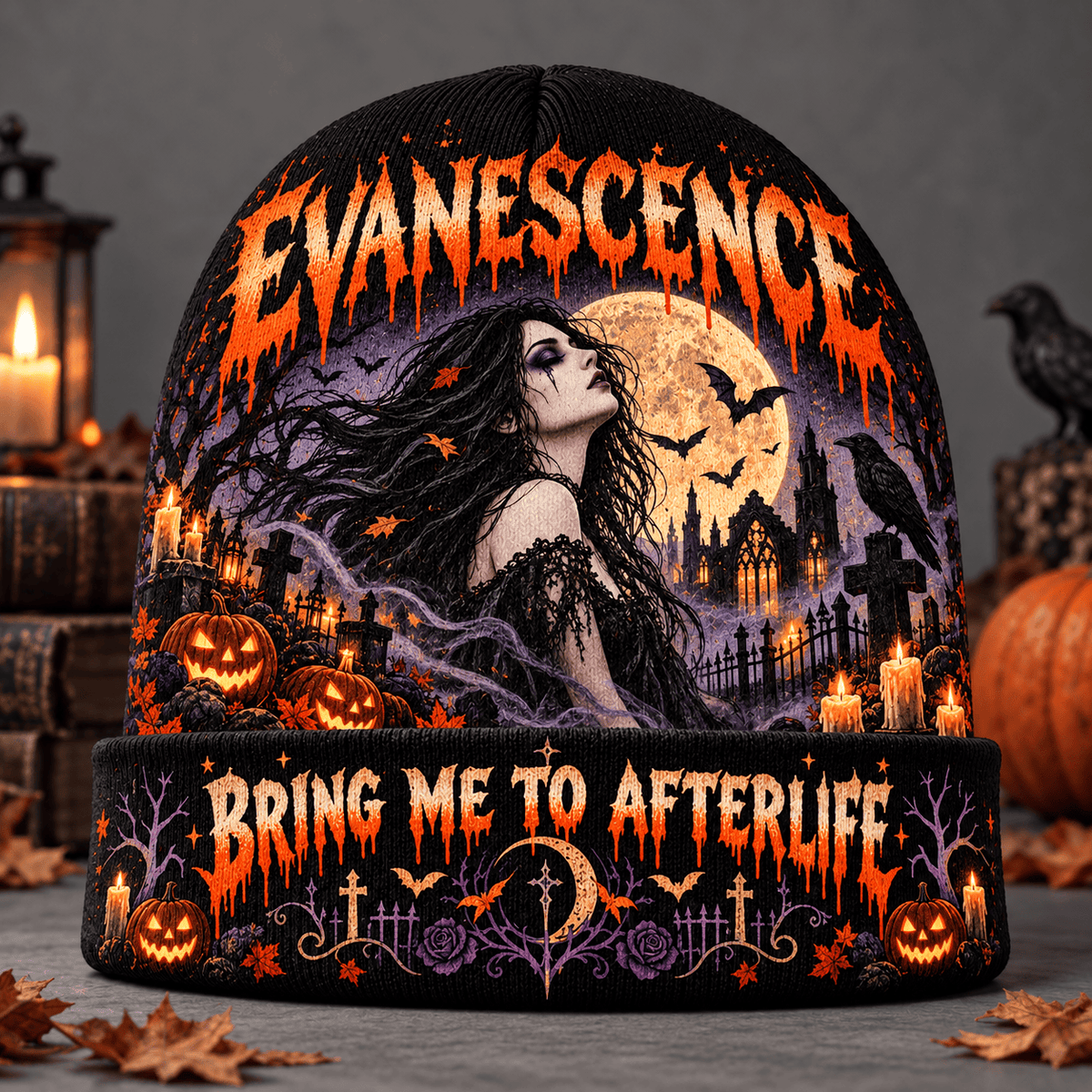 Evanescence Cemetery Moon Graphic Print Knit Beanie for Afterlife Halloween Night Walks NDN Flat Mockup
