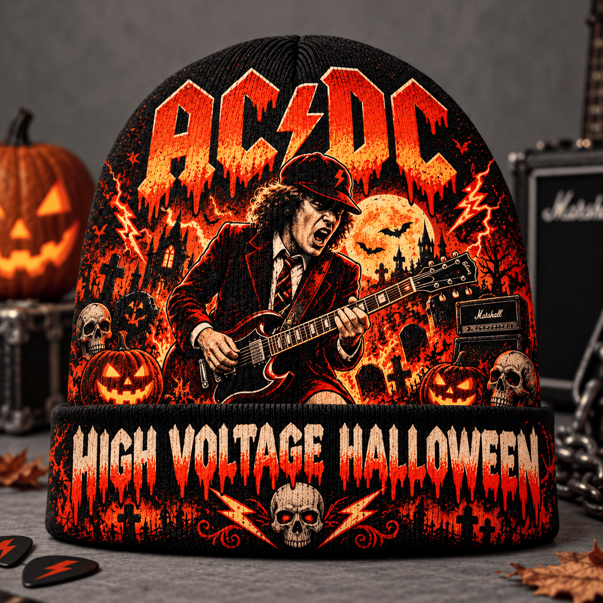 AC/DC Lightning Guitar Graphic Print Knit Beanie for High Voltage Halloween Nights NDN Flat Mockup
