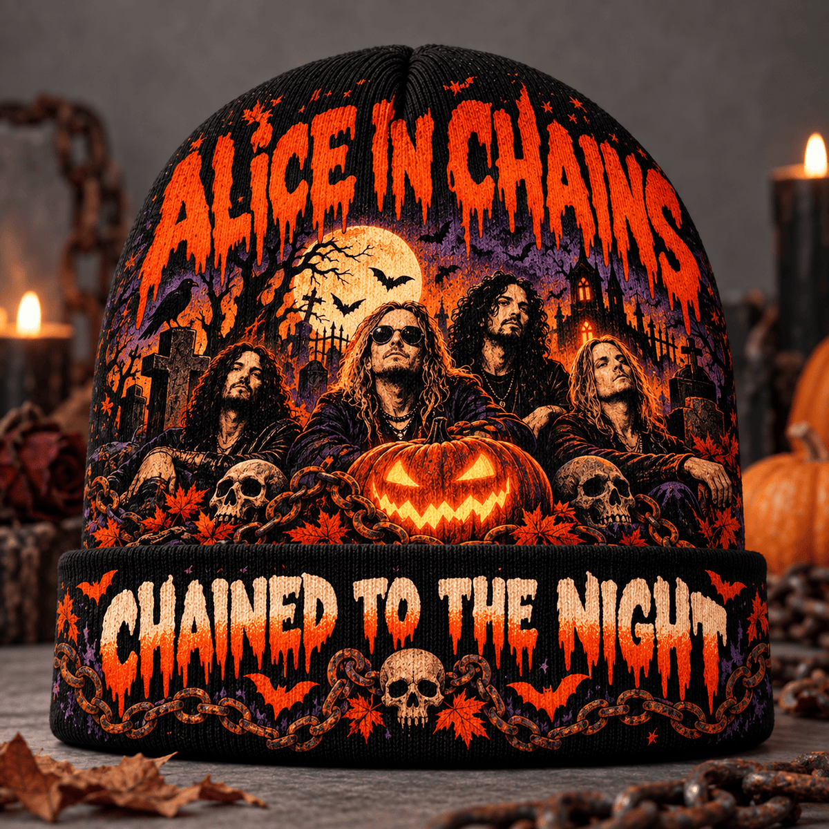 Alice In Chains Pumpkin Graphic Print Knit Beanie for Chained Halloween Nights NDN Flat Mockup