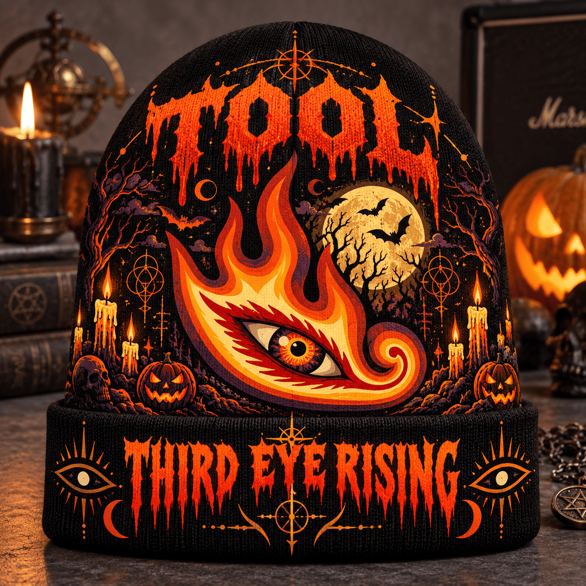 Tool Third Eye Flame Graphic Print Knit Beanie for Midnight Halloween Ritual Walks NDN Flat Mockup