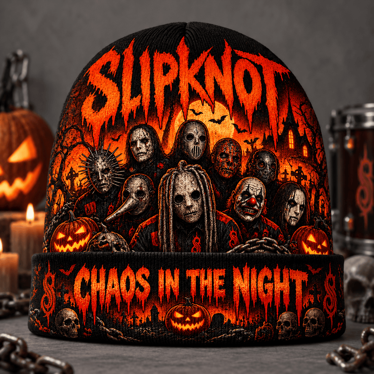 Slipknot Horror Masks Graphic Print Knit Beanie for Chaos In The Night Crowds NDN Flat Mockup