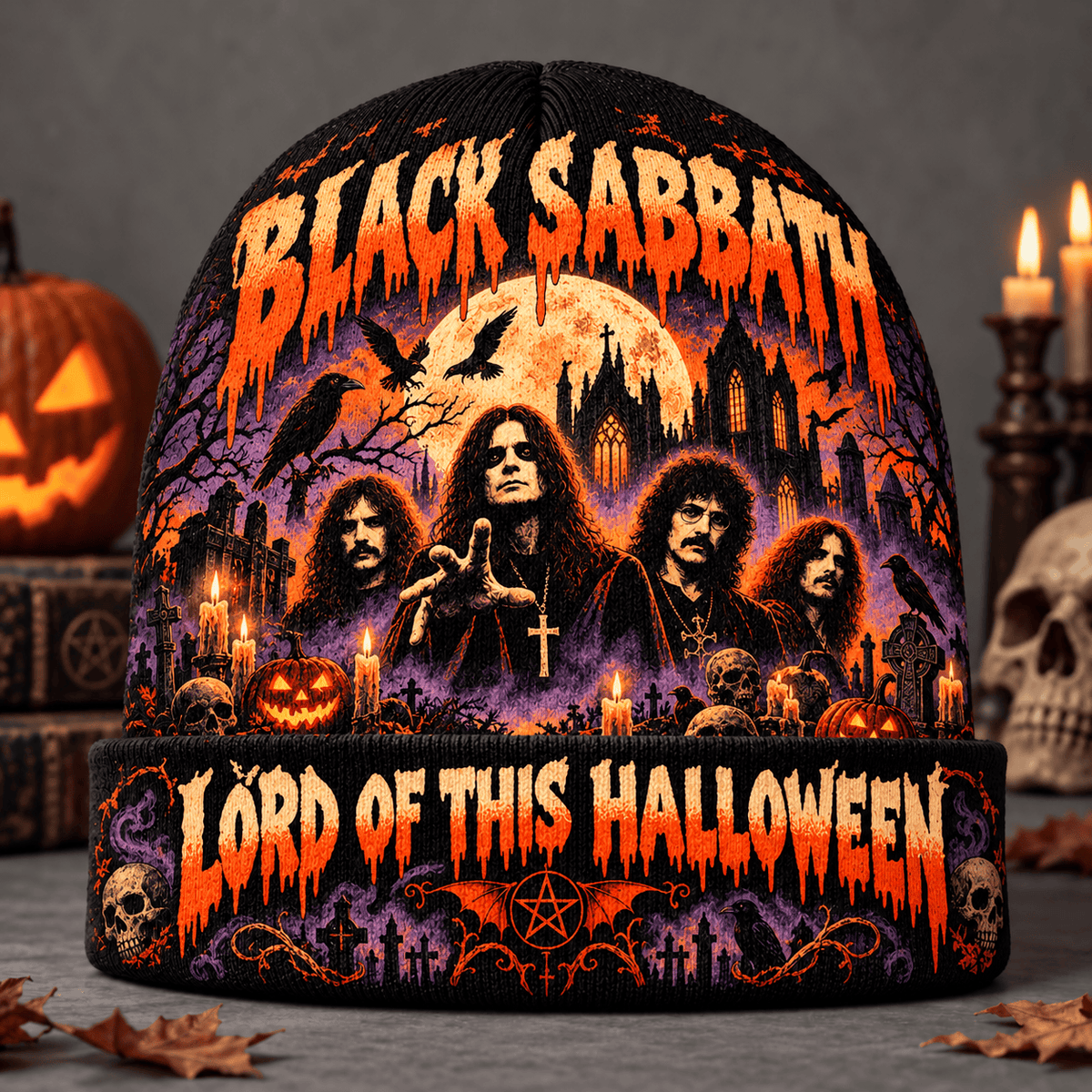 Black Sabbath Hooded Figures Graphic Print Knit Beanie for Halloween Night Rituals NDN Flat Mockup
