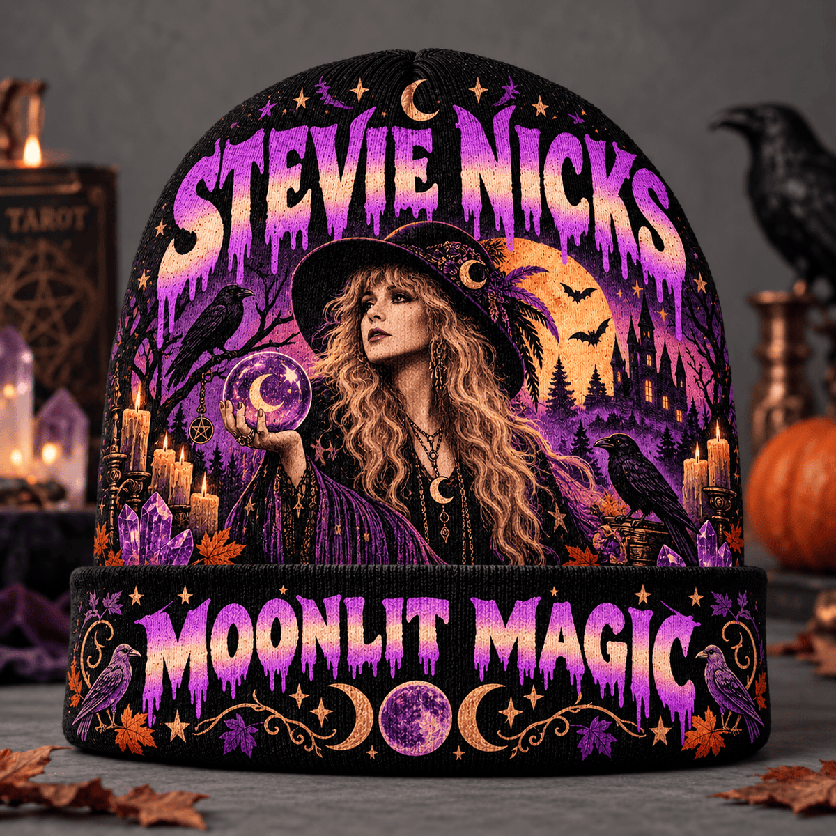 Stevie Nicks Witch Hat Graphic Print Knit Beanie for Moonlit Magic Halloween Evenings NDN Flat Mockup