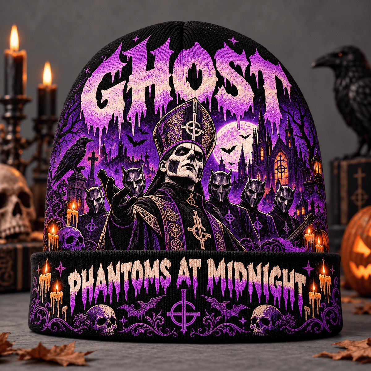 Ghost Papa Emeritus Graphic Print Knit Beanie for Midnight Phantom Halloween Rituals NDN Flat Mockup