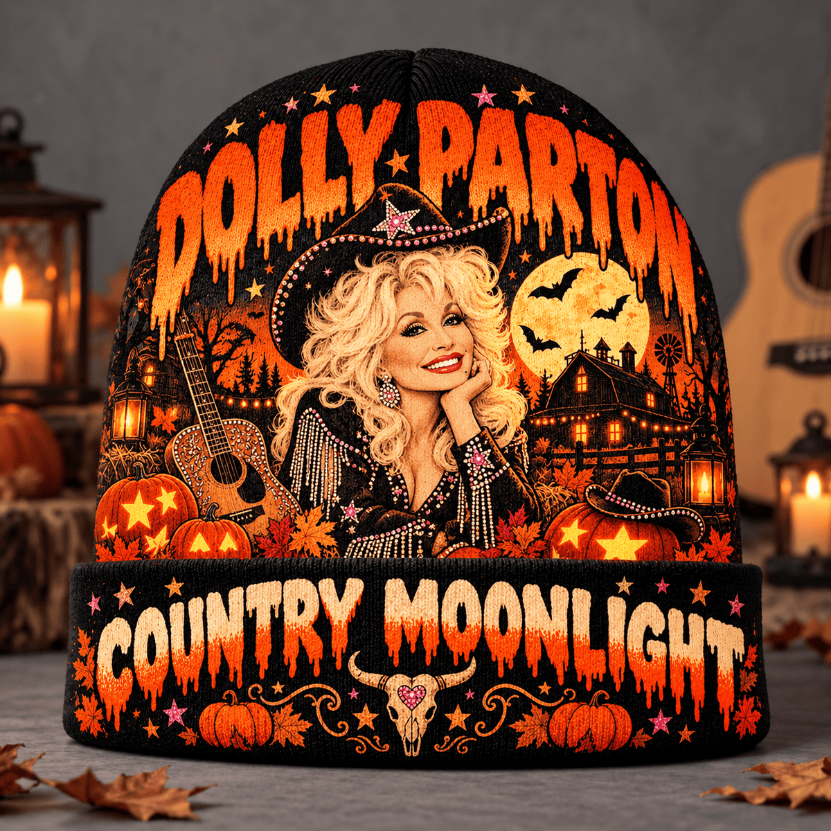 Dolly Parton Witch Hat Graphic Print Knit Beanie for Country Moonlight Nights NDN Flat Mockup