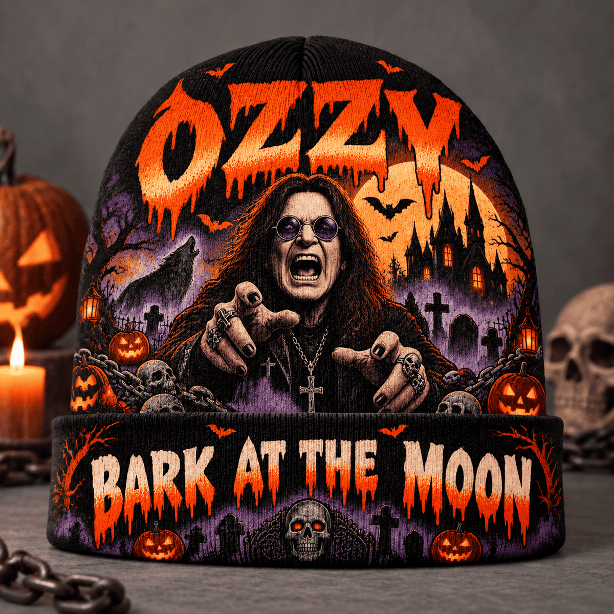 Ozzy Bark At The Moon Graphic Print Knit Beanie for Halloween Rock Night Walks NDN Flat Mockup
