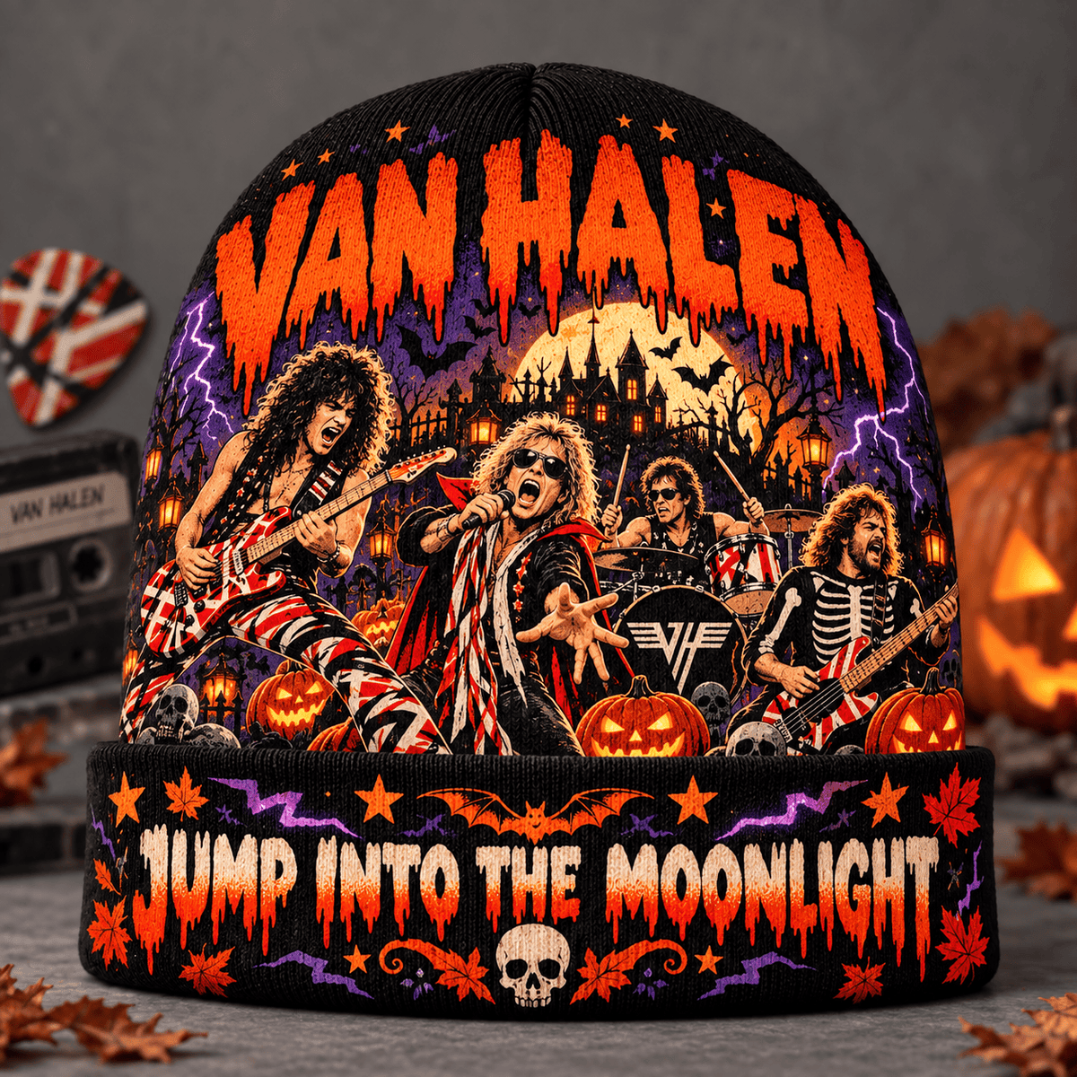 Van Halen Jump Moonlight Graphic Print Knit Beanie for Halloween Rock Crowds NDN Flat Mockup