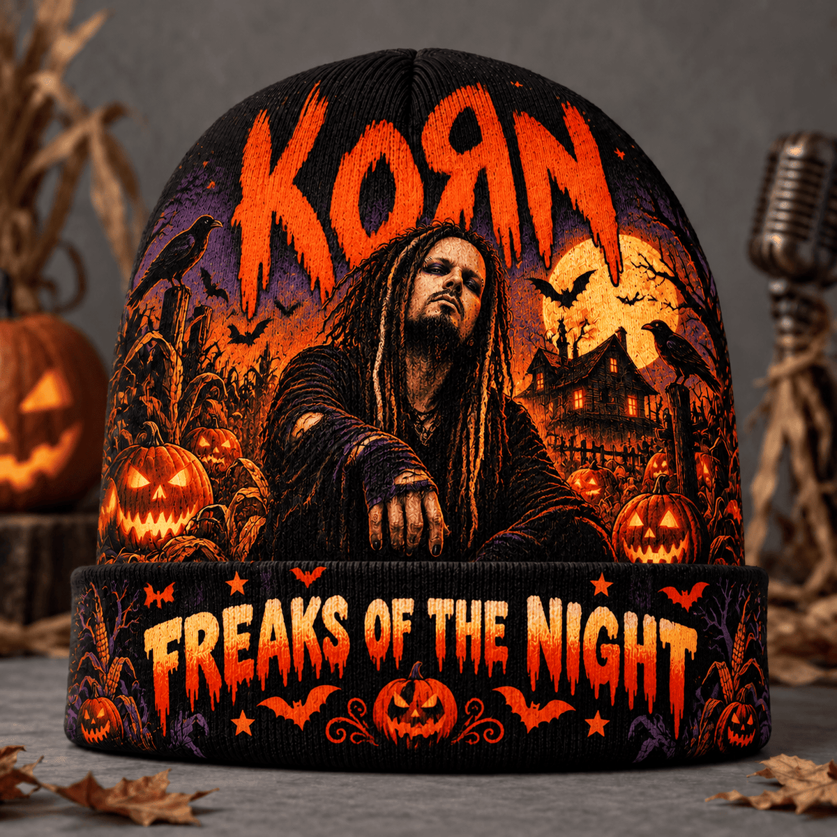 Korn Cemetery Night Graphic Print Knit Beanie for Freaks Of The Night Crowds NDN Flat Mockup