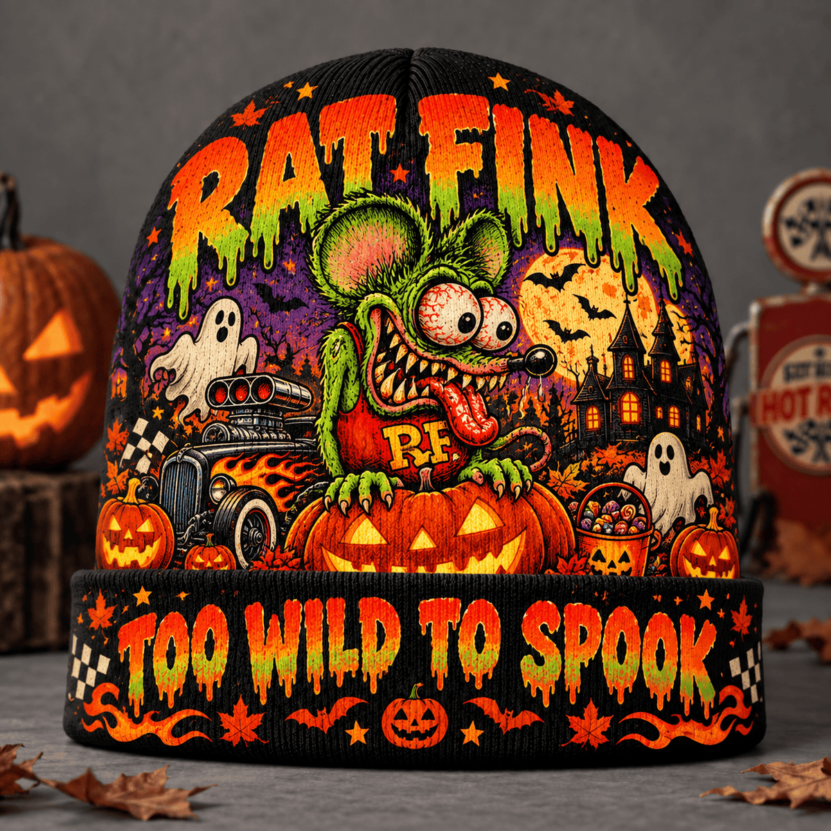 Rat Fink Hot Rod Monster Graphic Print Knit Beanie for Too Wild To Spook Nights NDN Flat Mockup