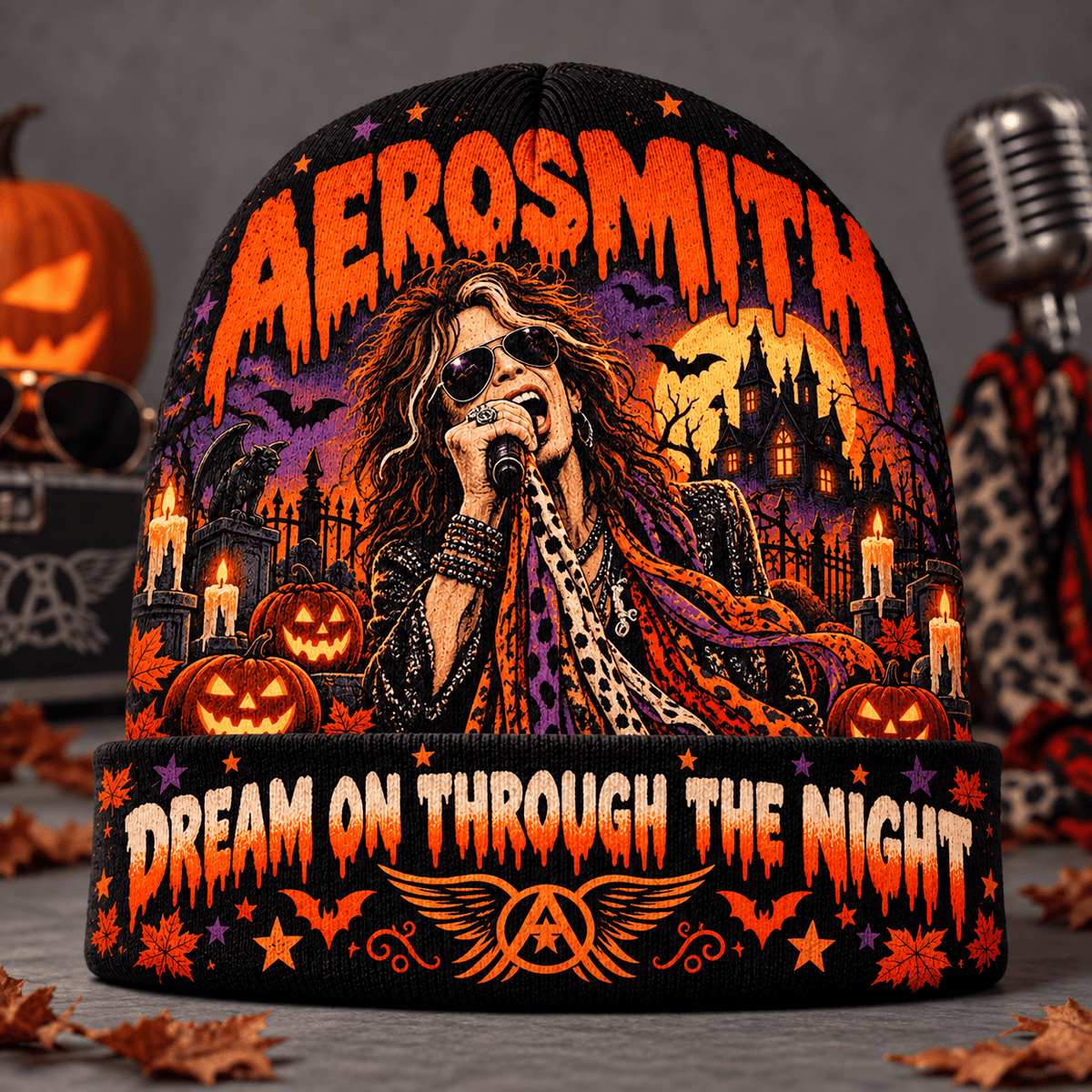 Aerosmith Castle Mic Graphic Print Knit Beanie for Dream On Halloween Horror Nights NDN Flat Mockup