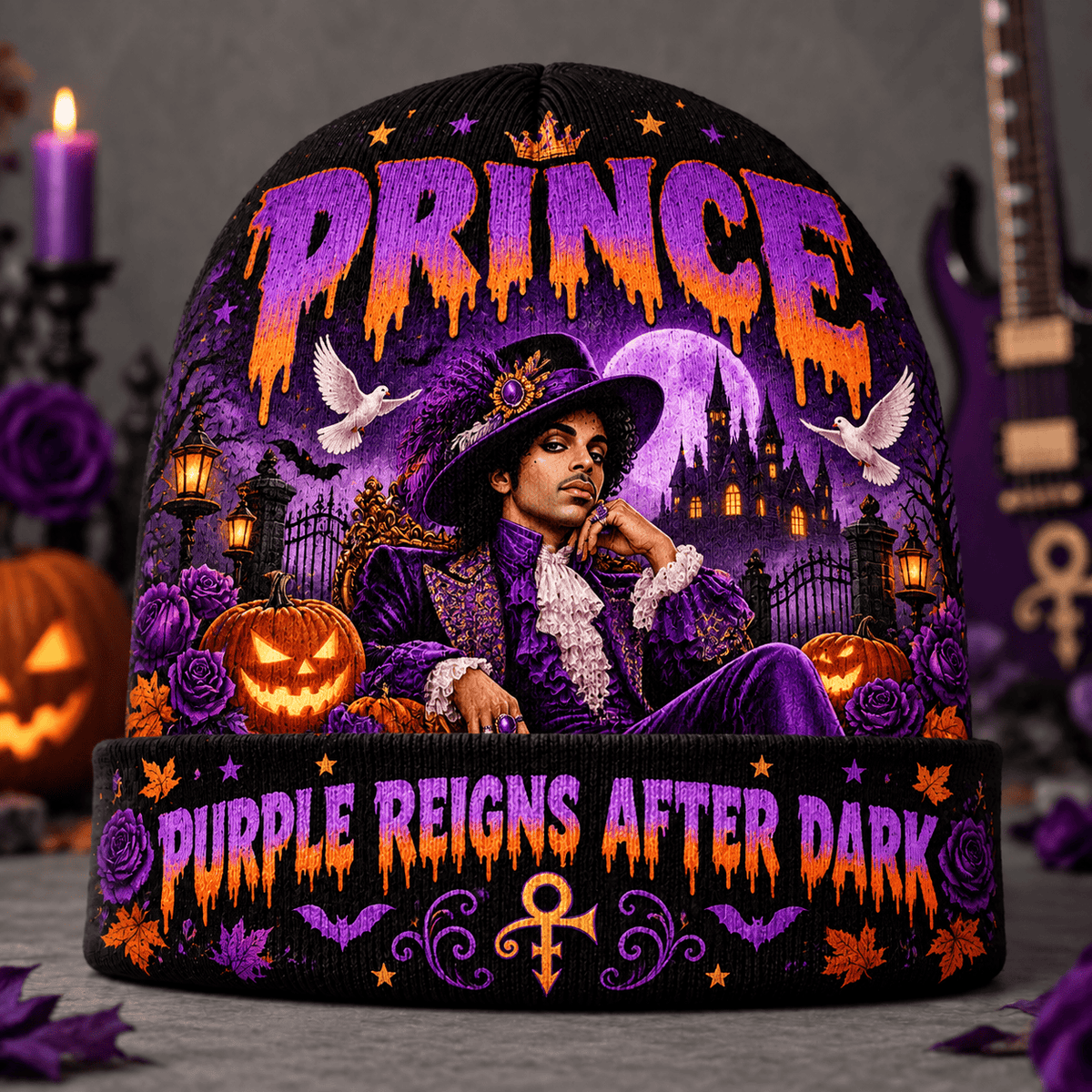 Prince Purple Reign Graphic Print Knit Beanie for After Dark Halloween Concert Nights NDN Flat Mockup
